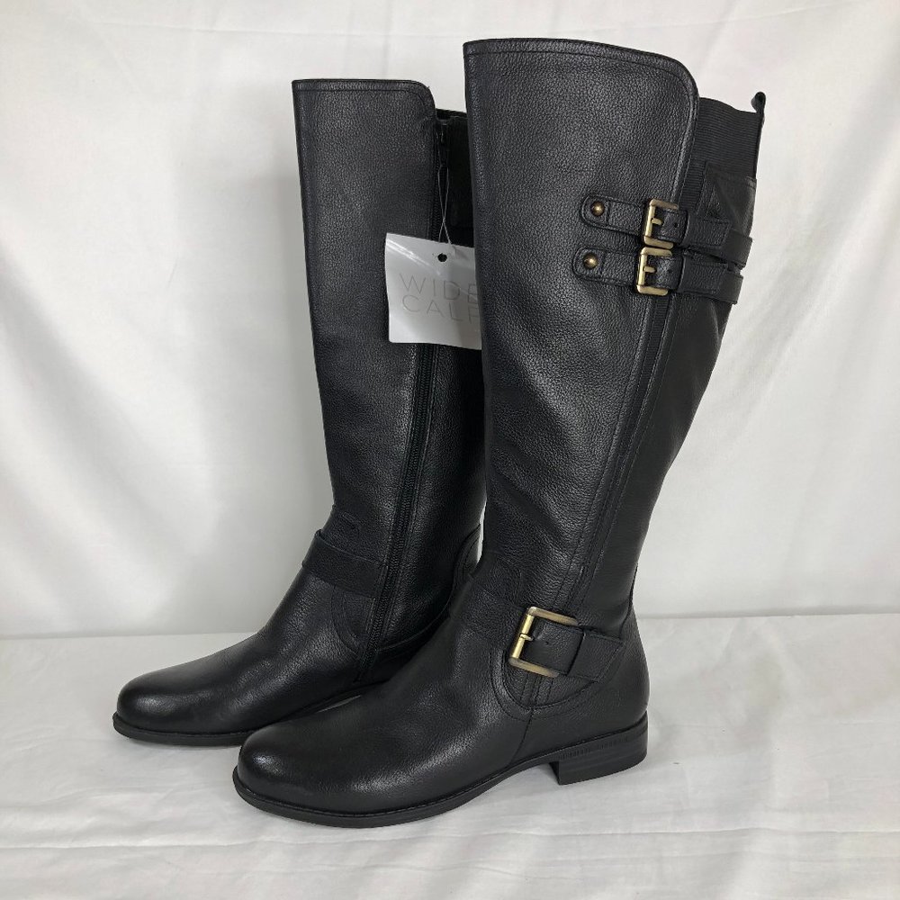 NATURALIZER Jillian Riding Boots Leather Knee High Black Womens 7M Wide Calf